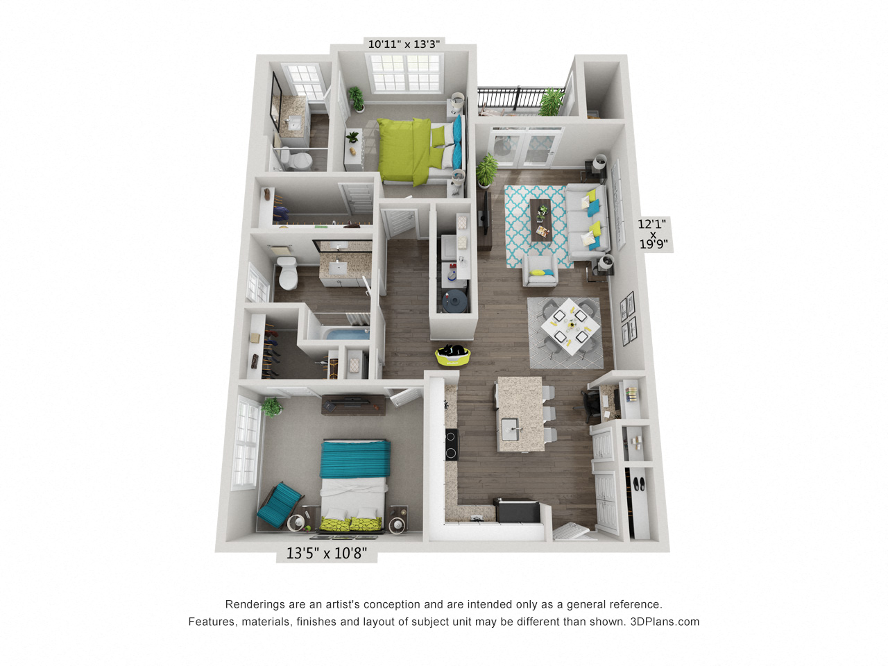 Floor plan for 2 beds, 2 baths, 1078 sqft